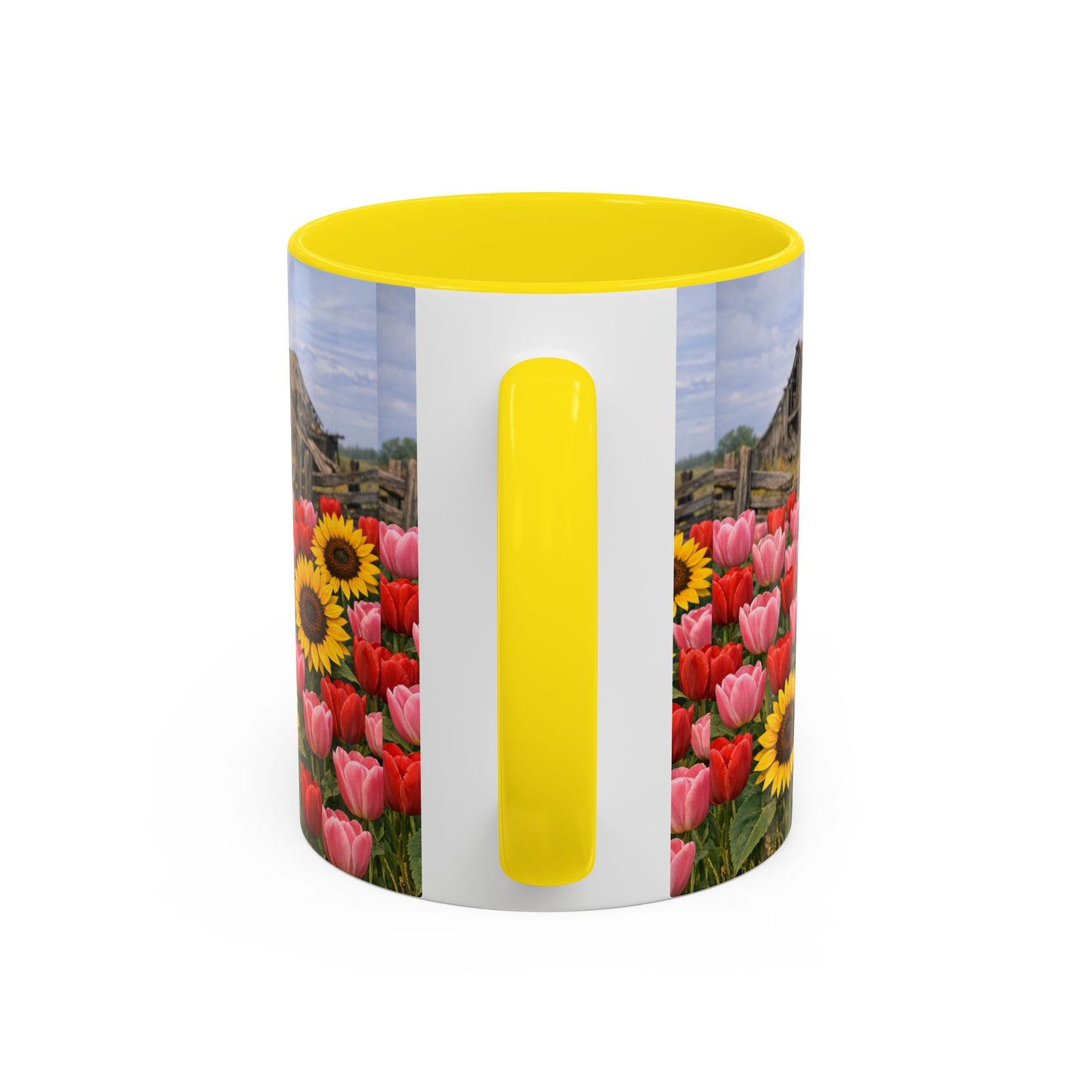 Sunflower & Tulip Farmhouse Coffee Mug – Rustic Barn Floral Accent Mug (11/15oz)