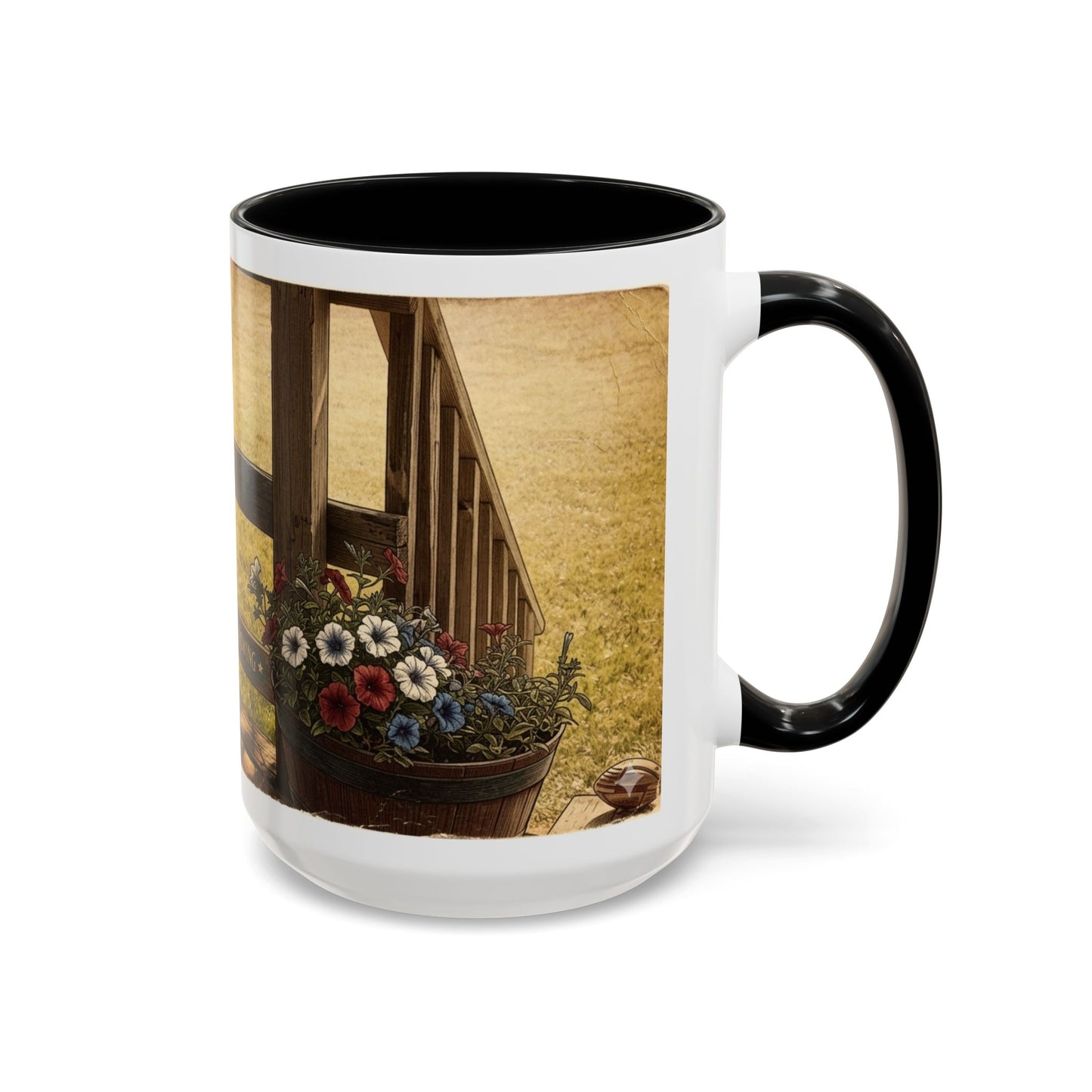 Coffee Mug — Rustic Porch Scene with 'Be Kind Be Brave Keep Growing' Inspirational Quote