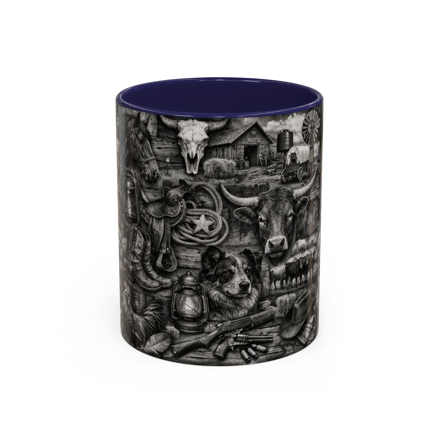 Western Farmhouse Accent Coffee Mug — Rustic Cowboy & Barnyard Collage (11/15oz)