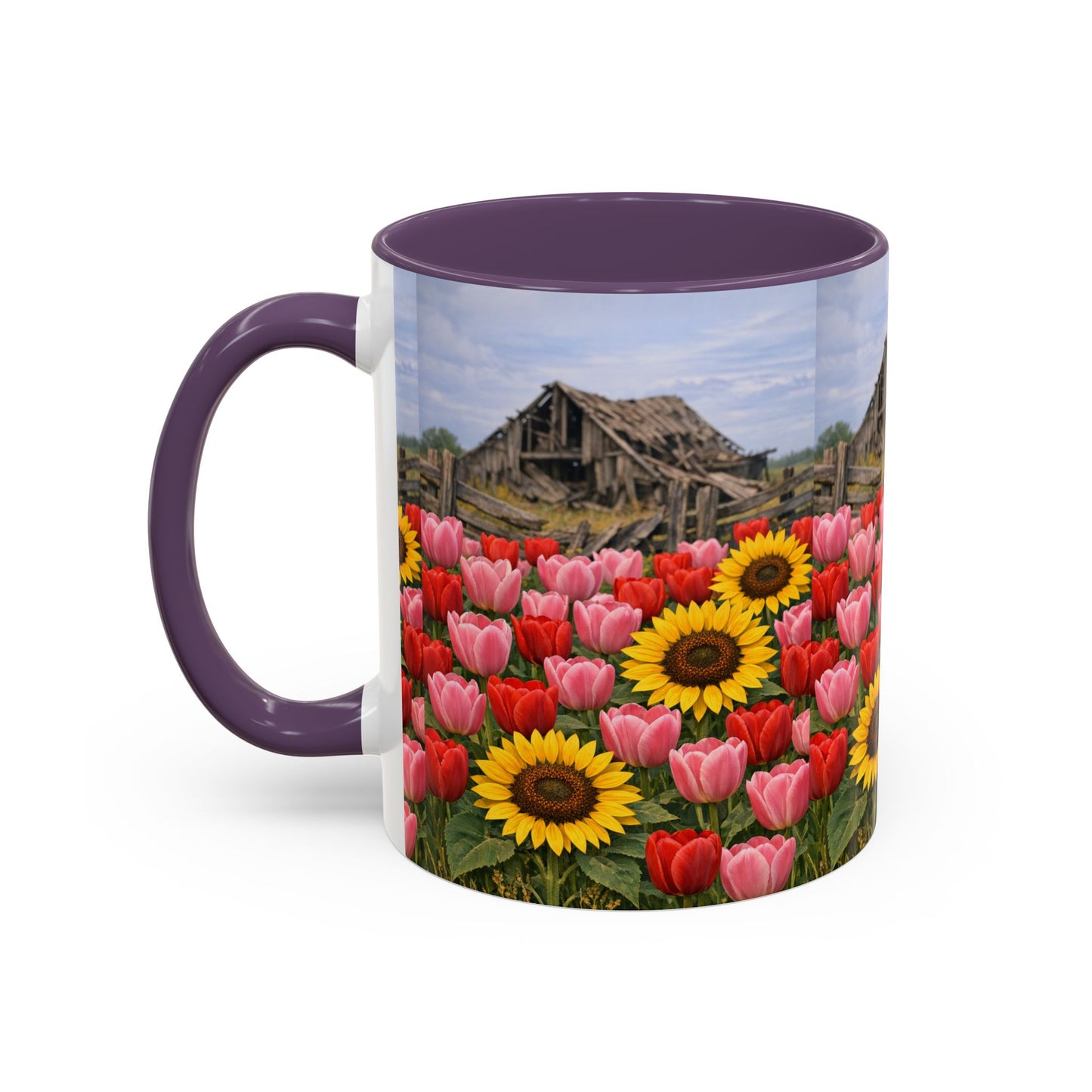 Sunflower & Tulip Farmhouse Coffee Mug – Rustic Barn Floral Accent Mug (11/15oz)