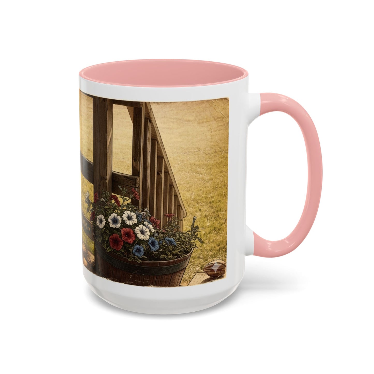 Coffee Mug — Rustic Porch Scene with 'Be Kind Be Brave Keep Growing' Inspirational Quote
