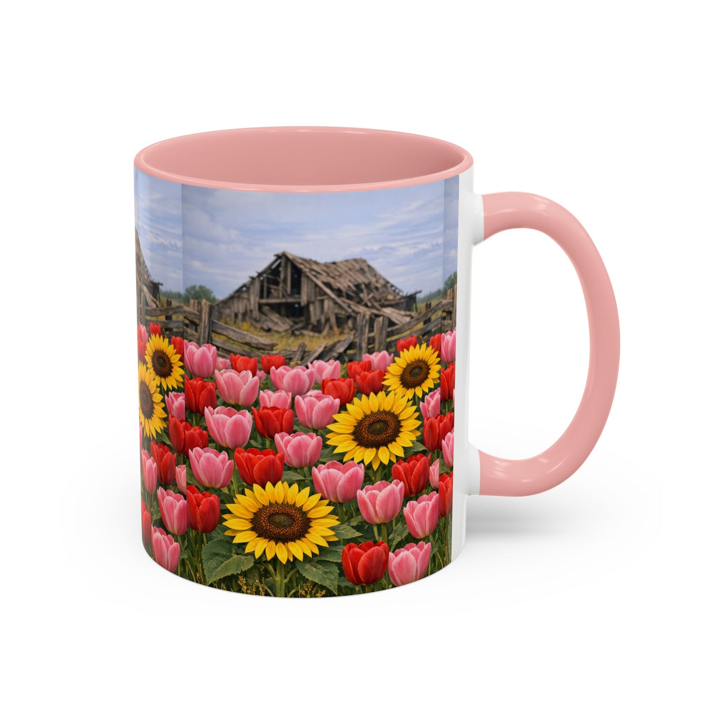 Sunflower & Tulip Farmhouse Coffee Mug – Rustic Barn Floral Accent Mug (11/15oz)