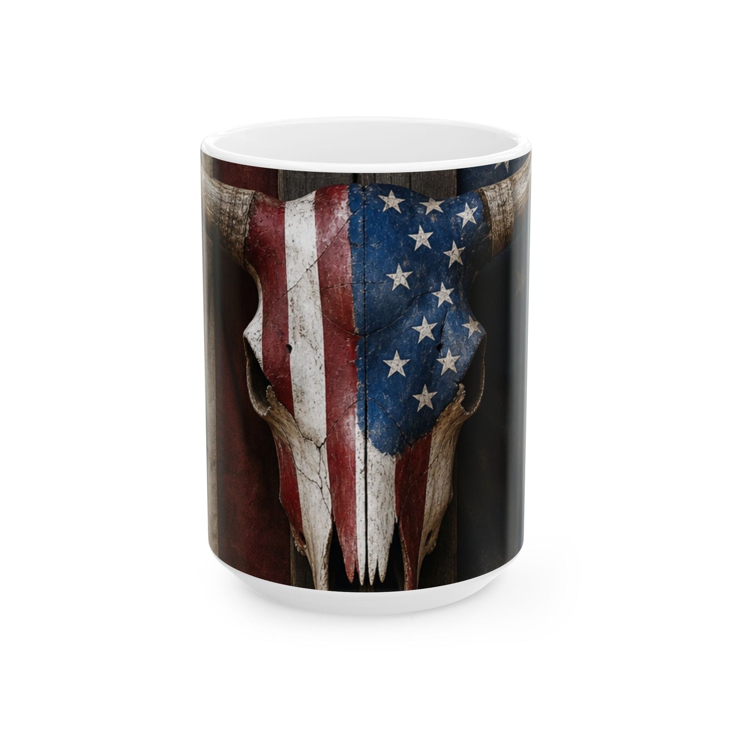 American Flag Skull Mug — Patriotic 11oz/15oz Ceramic Coffee Cup