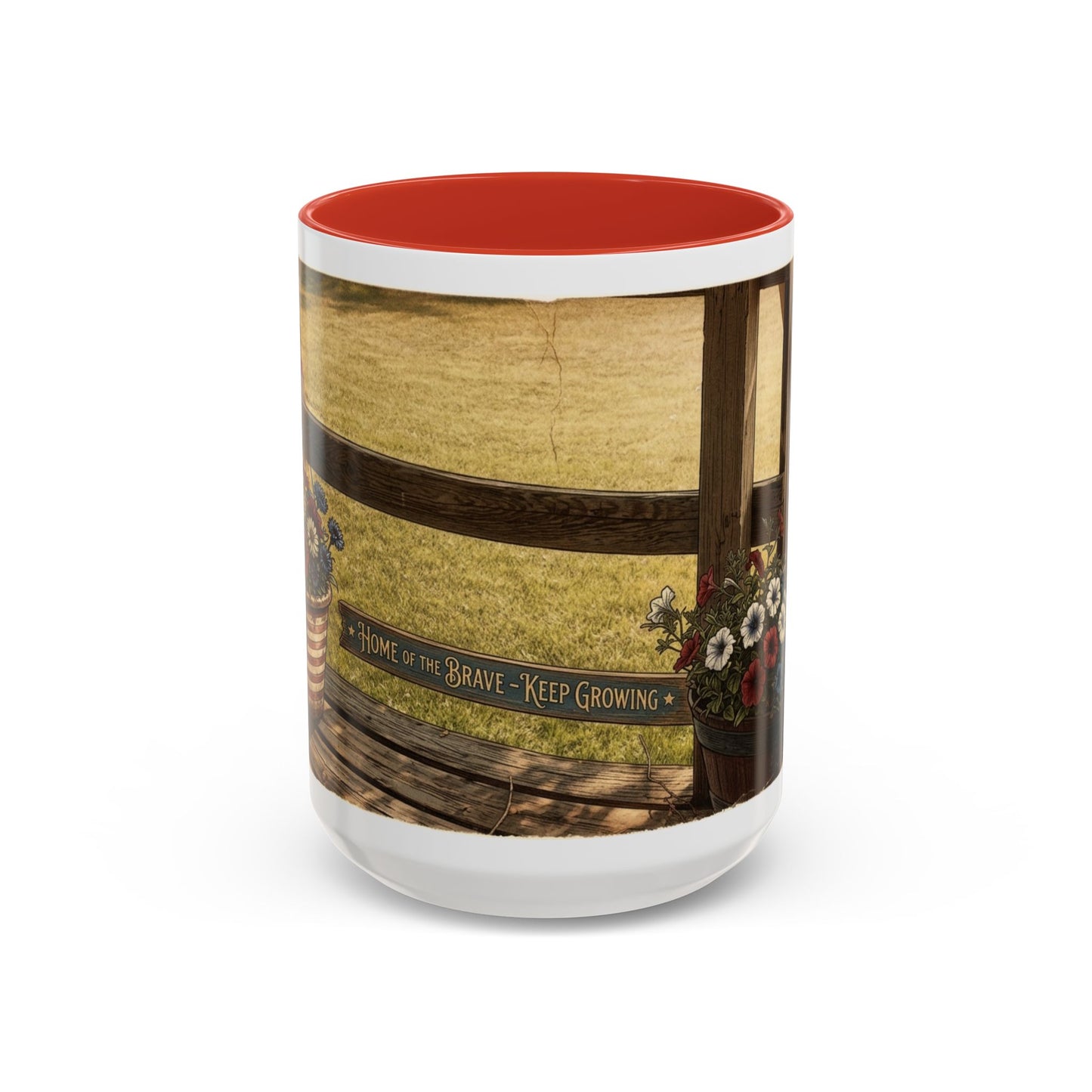 Coffee Mug — Rustic Porch Scene with 'Be Kind Be Brave Keep Growing' Inspirational Quote
