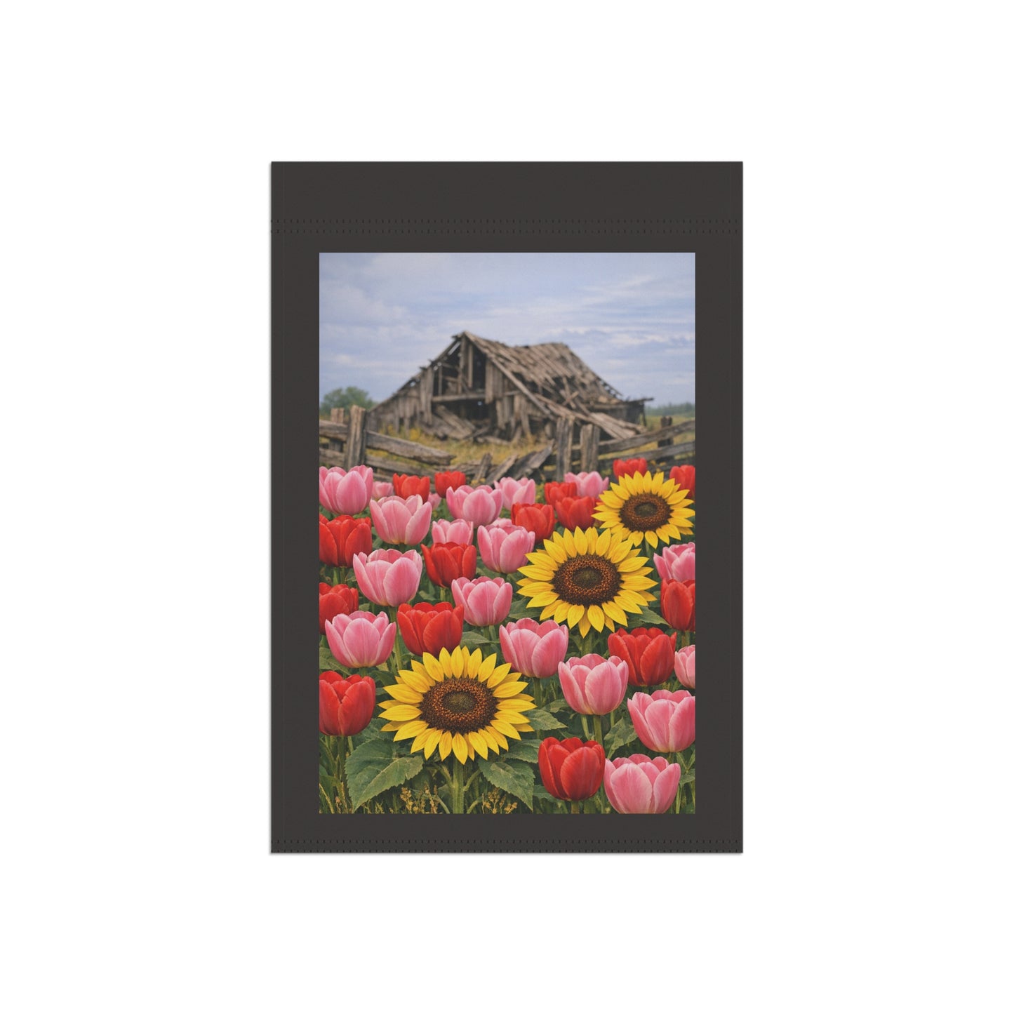 Sunflowers & Tulips Garden Flag — Rustic Barn Floral House Banner