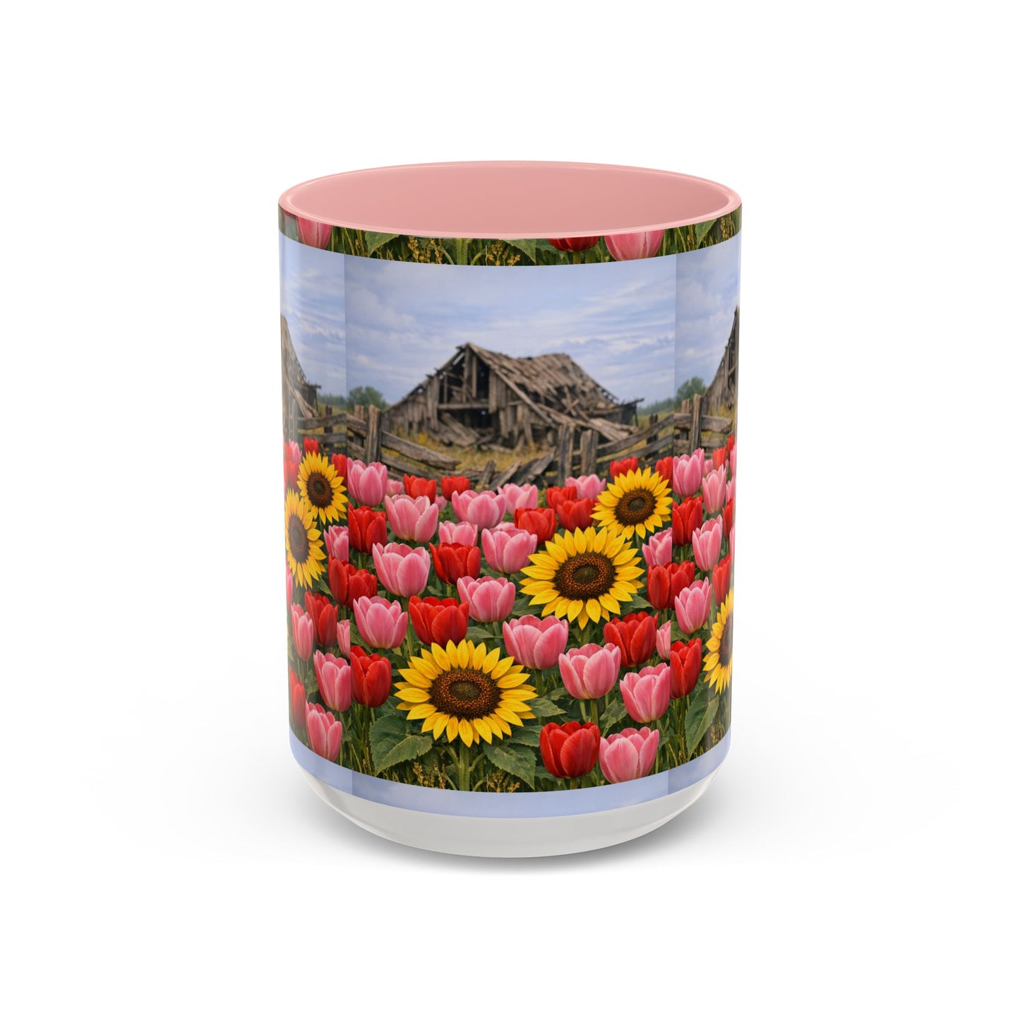 Sunflower & Tulip Farmhouse Coffee Mug – Rustic Barn Floral Accent Mug (11/15oz)