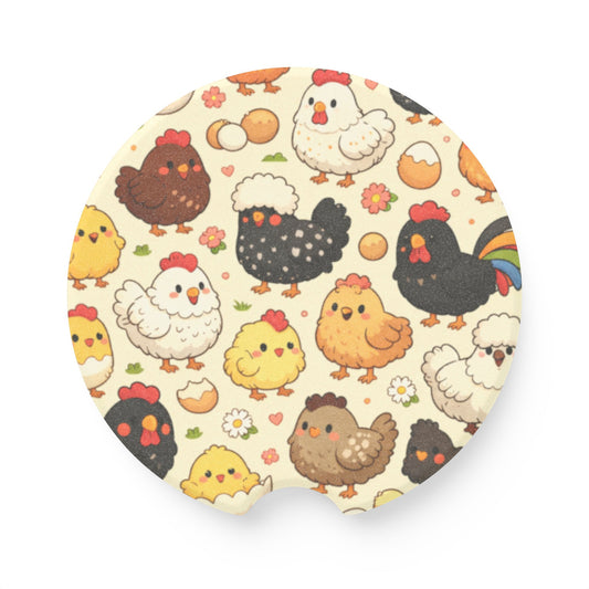 Chicken Pattern Soapstone Car Coaster — Cute Chickens & Eggs Car Cup Holder Mat