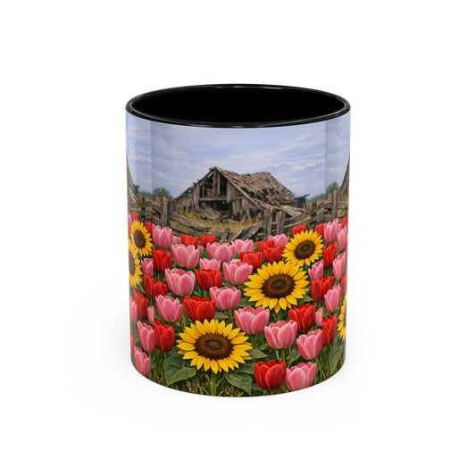 Sunflower & Tulip Farmhouse Coffee Mug – Rustic Barn Floral Accent Mug (11/15oz)
