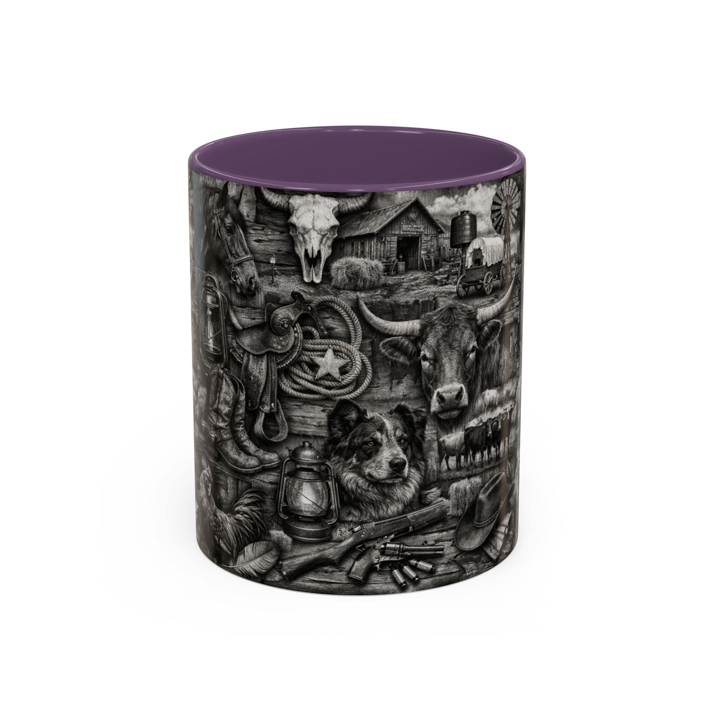 Western Farmhouse Accent Coffee Mug — Rustic Cowboy & Barnyard Collage (11/15oz)