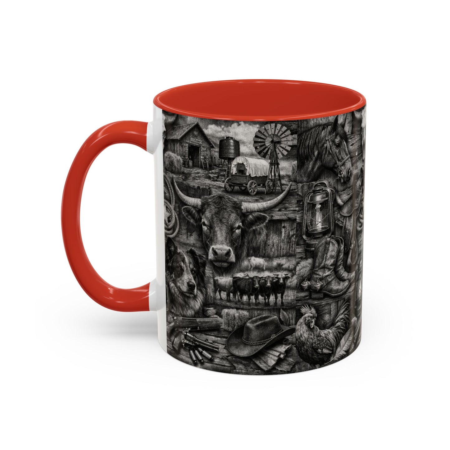 Western Farmhouse Accent Coffee Mug — Rustic Cowboy & Barnyard Collage (11/15oz)