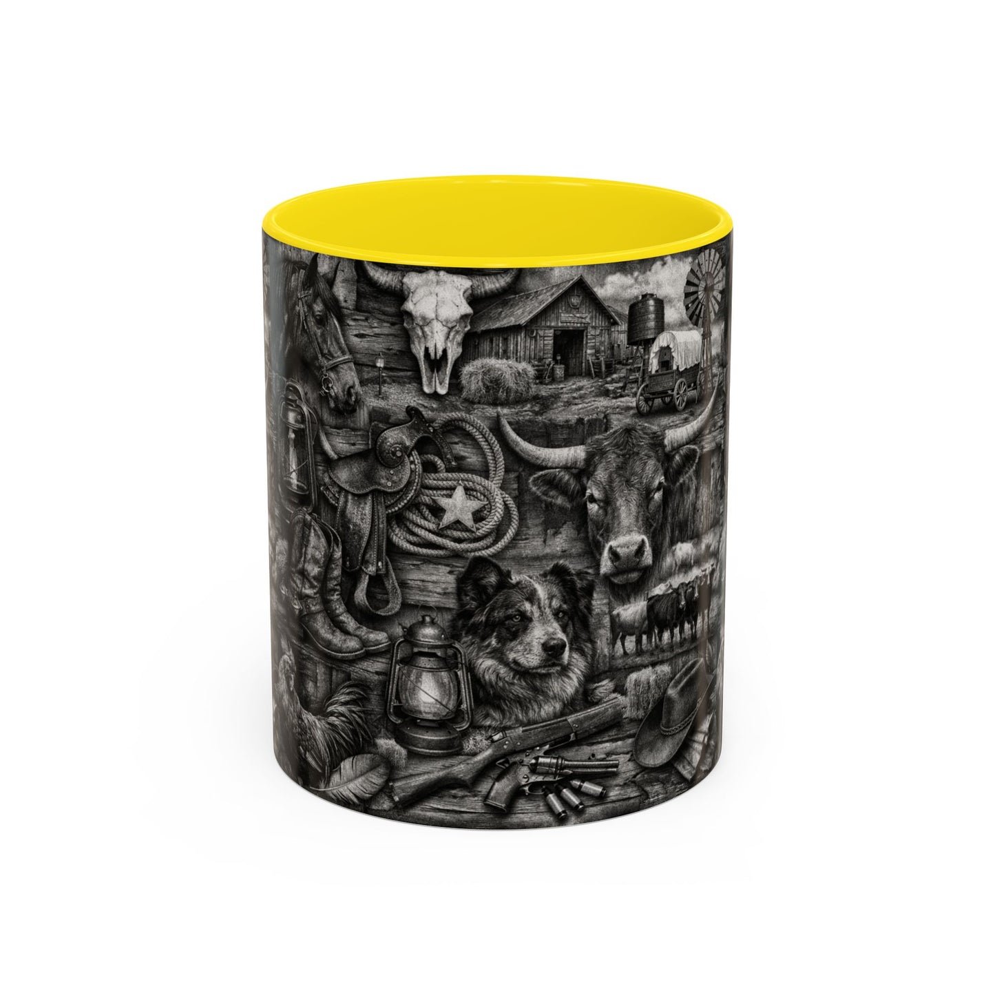 Western Farmhouse Accent Coffee Mug — Rustic Cowboy & Barnyard Collage (11/15oz)