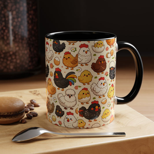 Cute Chicken & Chick Pattern Accent Coffee Mug – Farmhouse Cute Drinkware