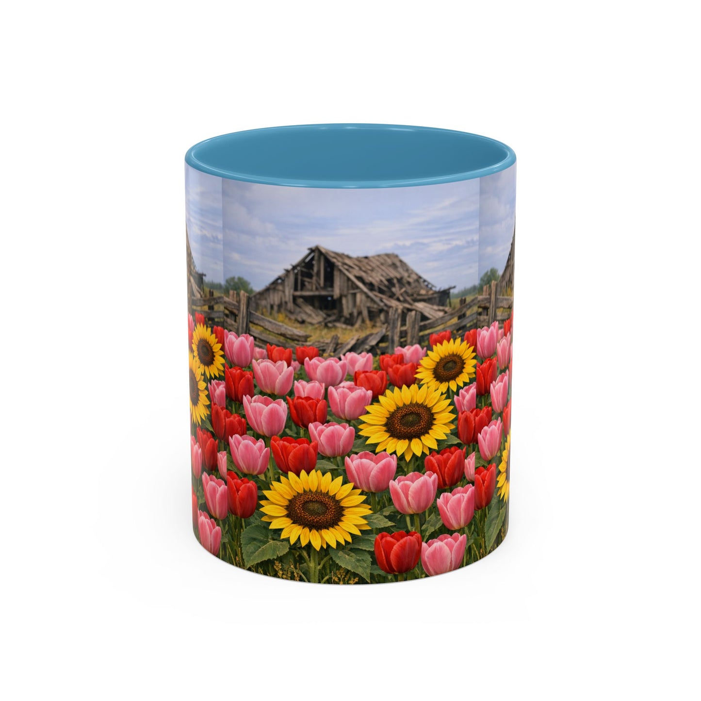 Sunflower & Tulip Farmhouse Coffee Mug – Rustic Barn Floral Accent Mug (11/15oz)
