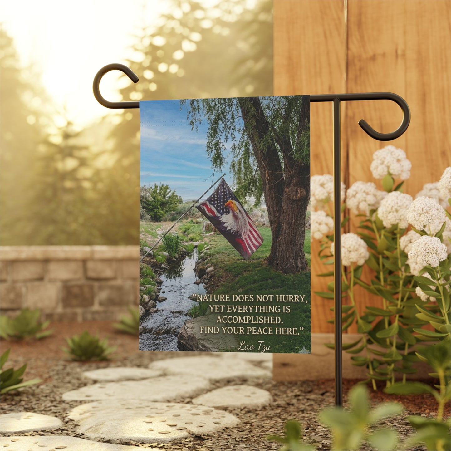 Garden Flag — Scenic Eagle & American Flag with 'Find Your Peace Here' Quote