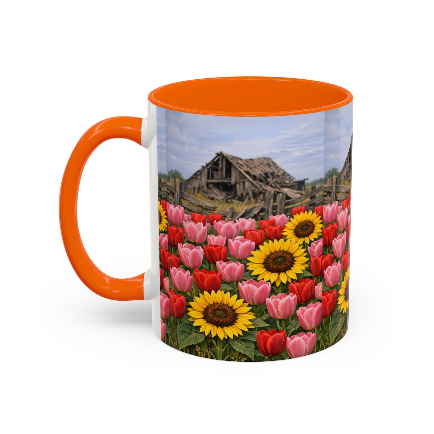 Sunflower & Tulip Farmhouse Coffee Mug – Rustic Barn Floral Accent Mug (11/15oz)