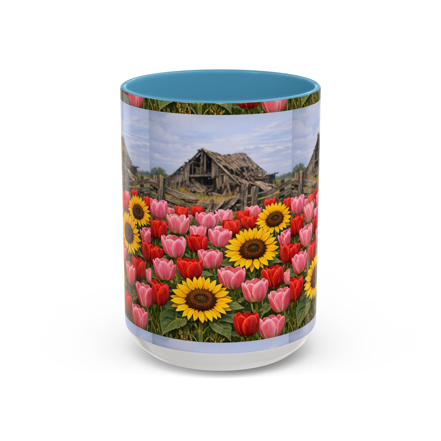 Sunflower & Tulip Farmhouse Coffee Mug – Rustic Barn Floral Accent Mug (11/15oz)