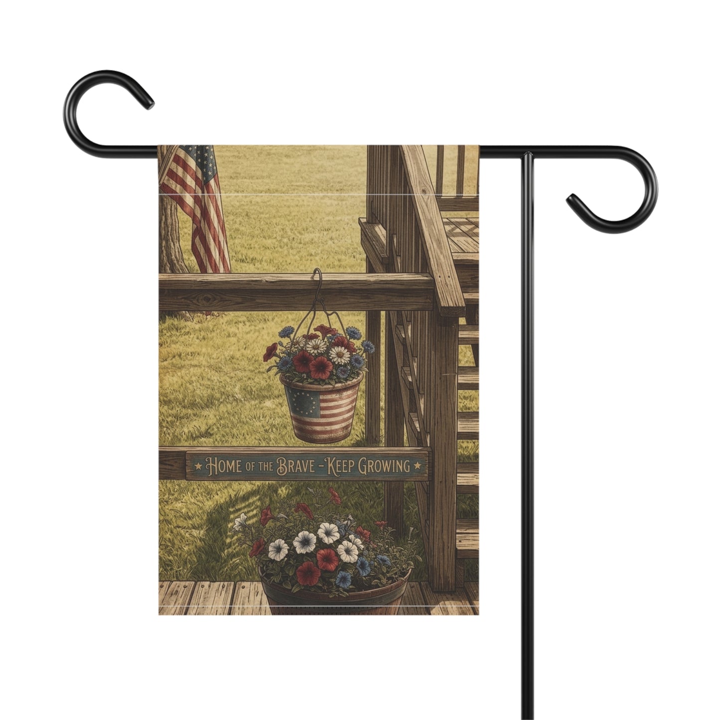 Patriotic Floral Garden Flag — "Home of the Brave, Keep Growing"
