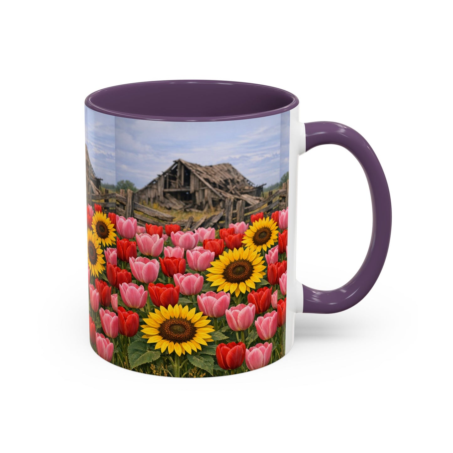 Sunflower & Tulip Farmhouse Coffee Mug – Rustic Barn Floral Accent Mug (11/15oz)