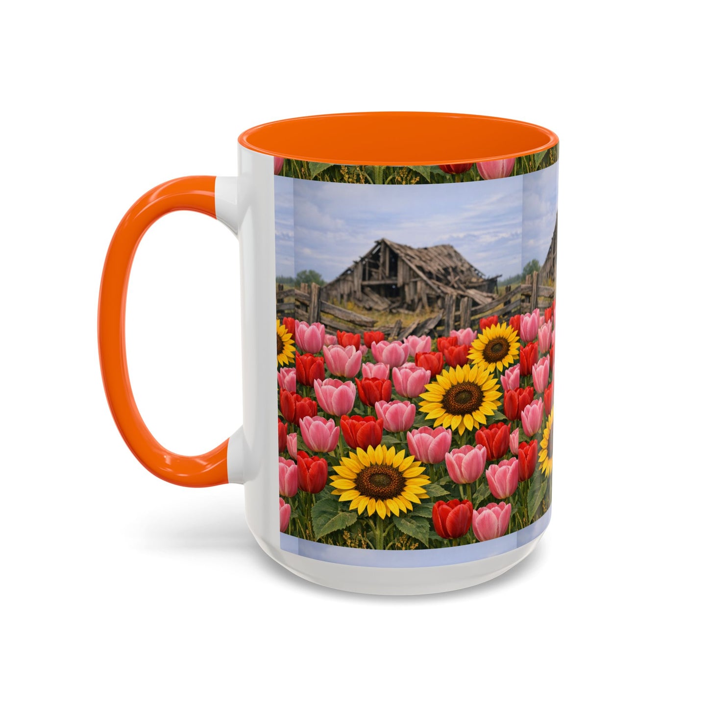 Sunflower & Tulip Farmhouse Coffee Mug – Rustic Barn Floral Accent Mug (11/15oz)