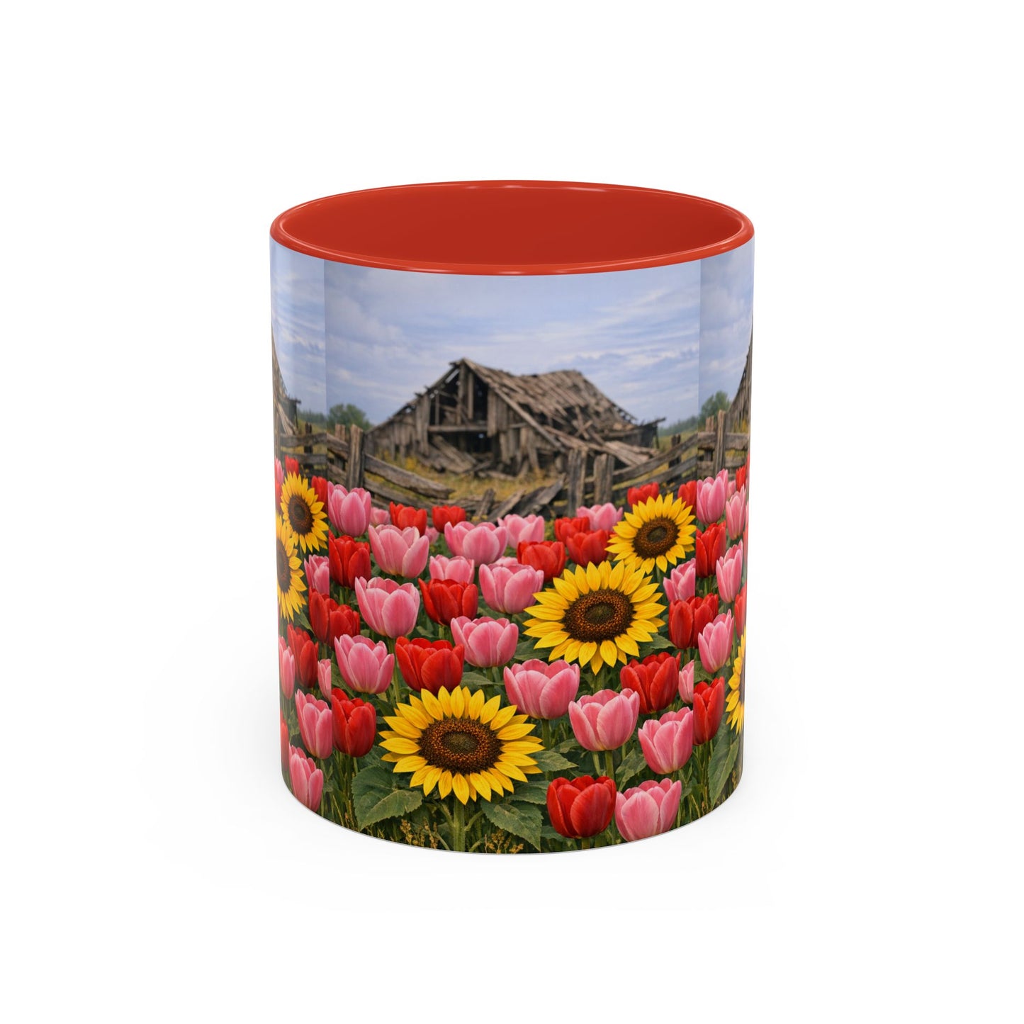 Sunflower & Tulip Farmhouse Coffee Mug – Rustic Barn Floral Accent Mug (11/15oz)