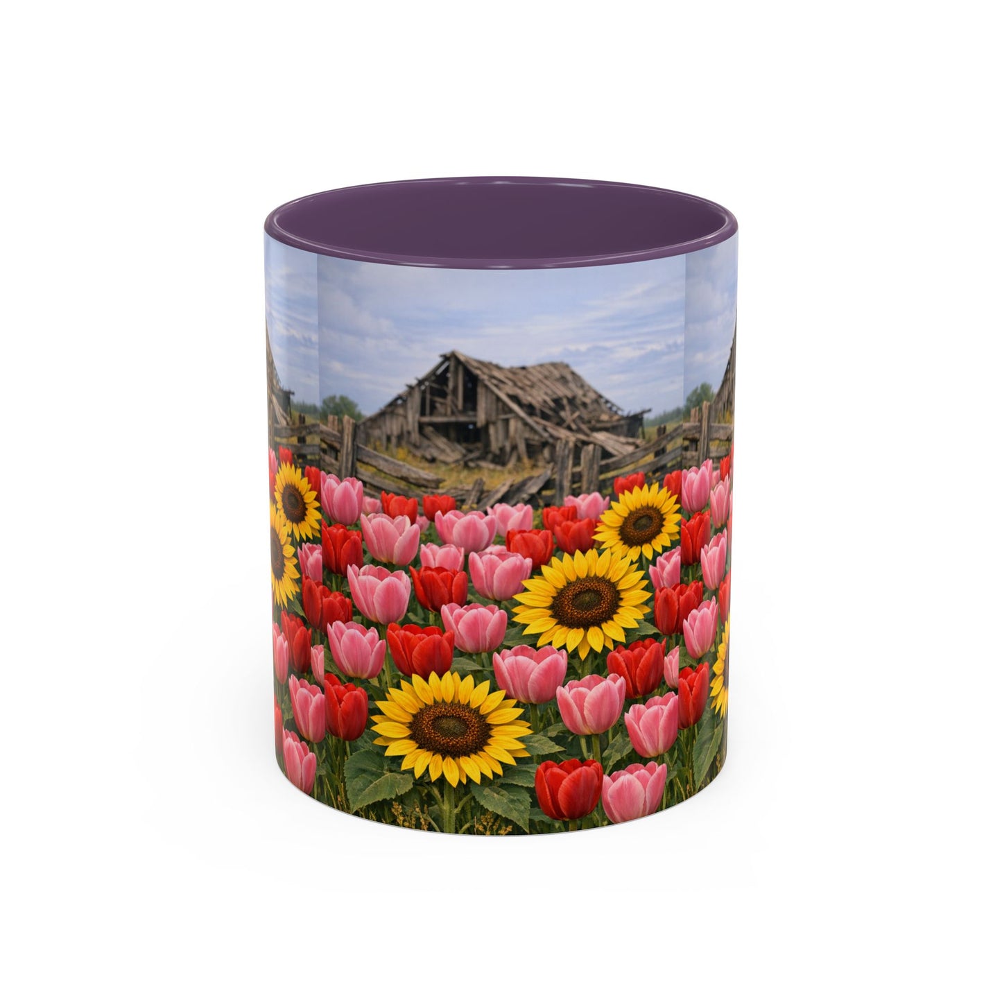 Sunflower & Tulip Farmhouse Coffee Mug – Rustic Barn Floral Accent Mug (11/15oz)