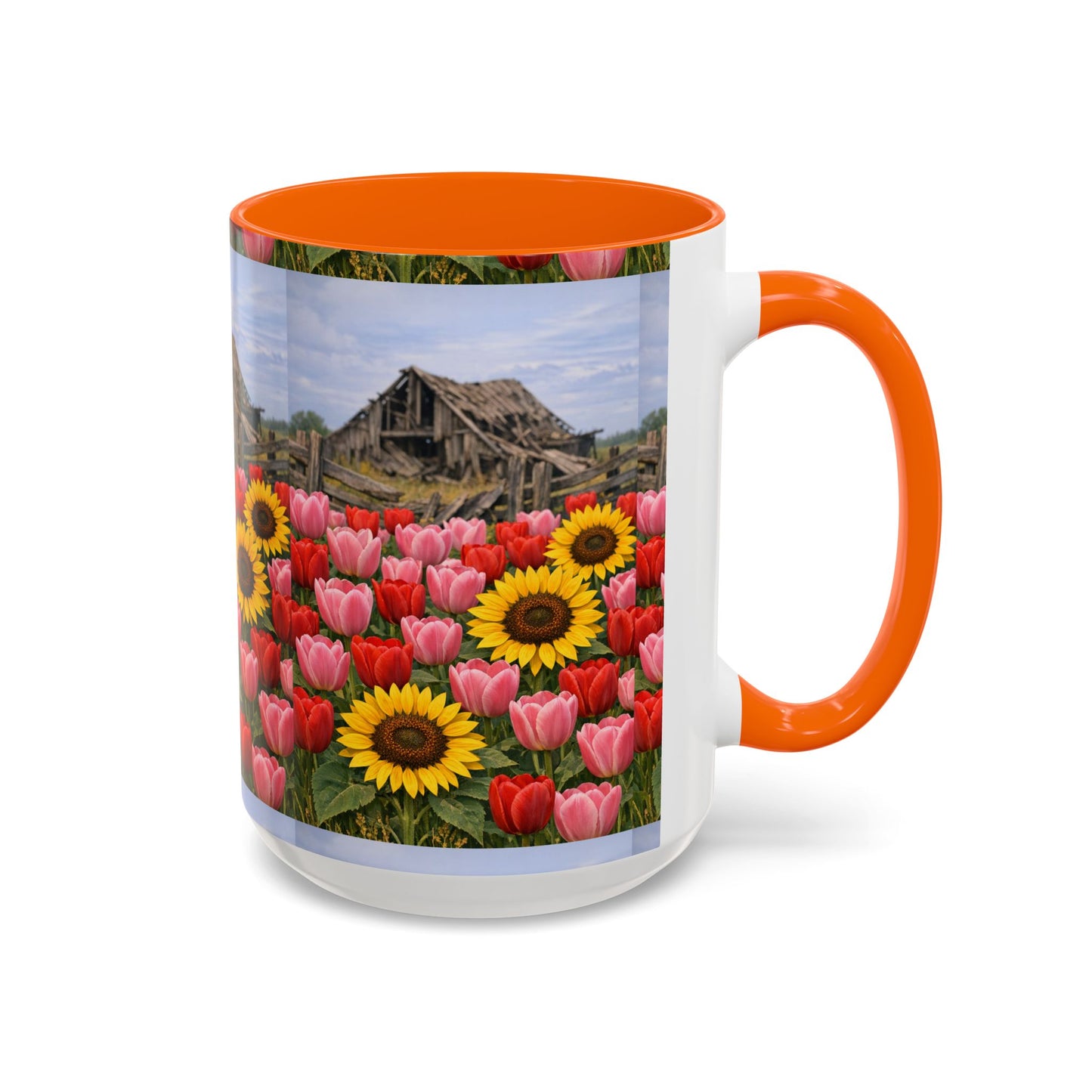 Sunflower & Tulip Farmhouse Coffee Mug – Rustic Barn Floral Accent Mug (11/15oz)