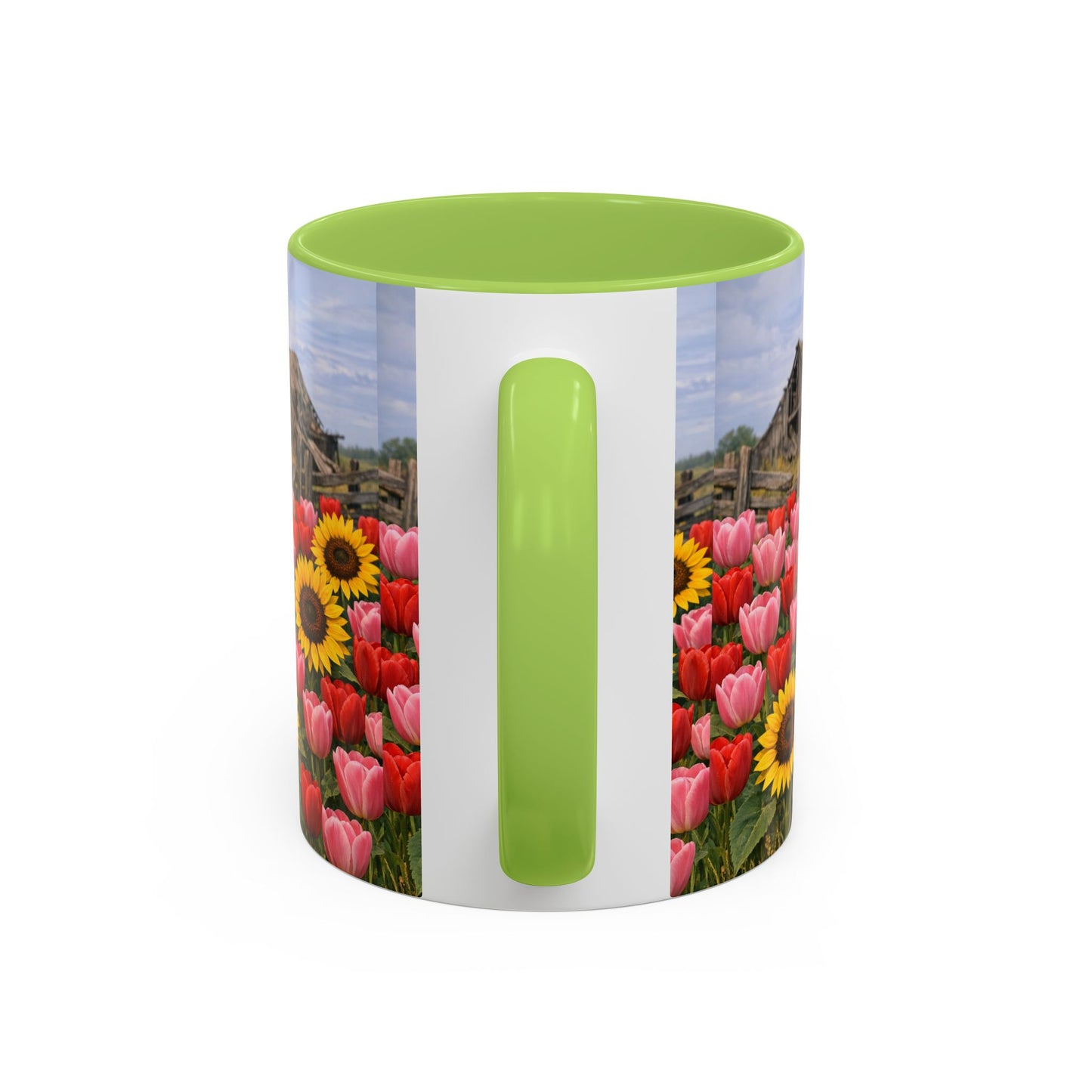 Sunflower & Tulip Farmhouse Coffee Mug – Rustic Barn Floral Accent Mug (11/15oz)