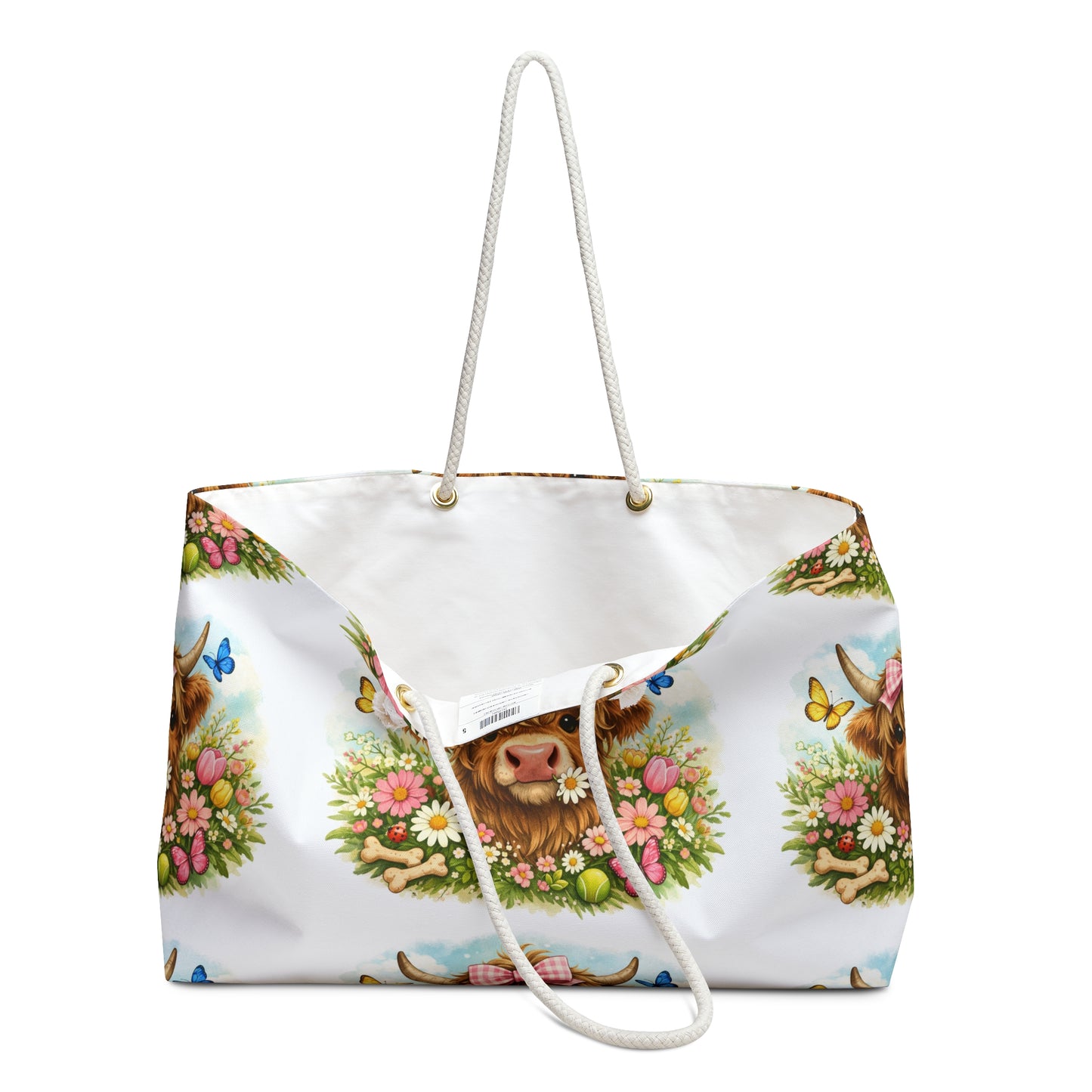 Highland Cow Floral Weekender Bag – Cute Butterflies & Bow Travel Tote