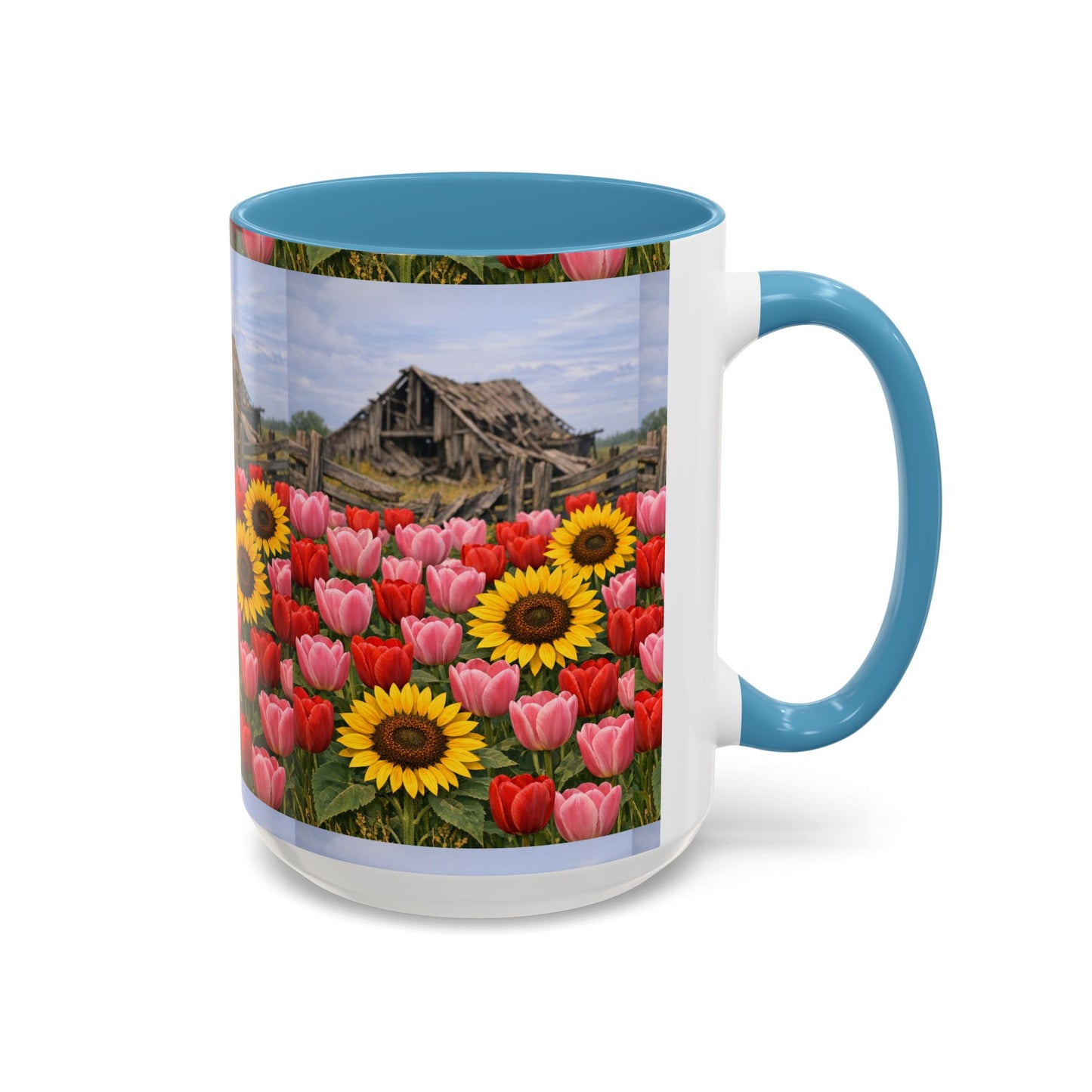 Sunflower & Tulip Farmhouse Coffee Mug – Rustic Barn Floral Accent Mug (11/15oz)