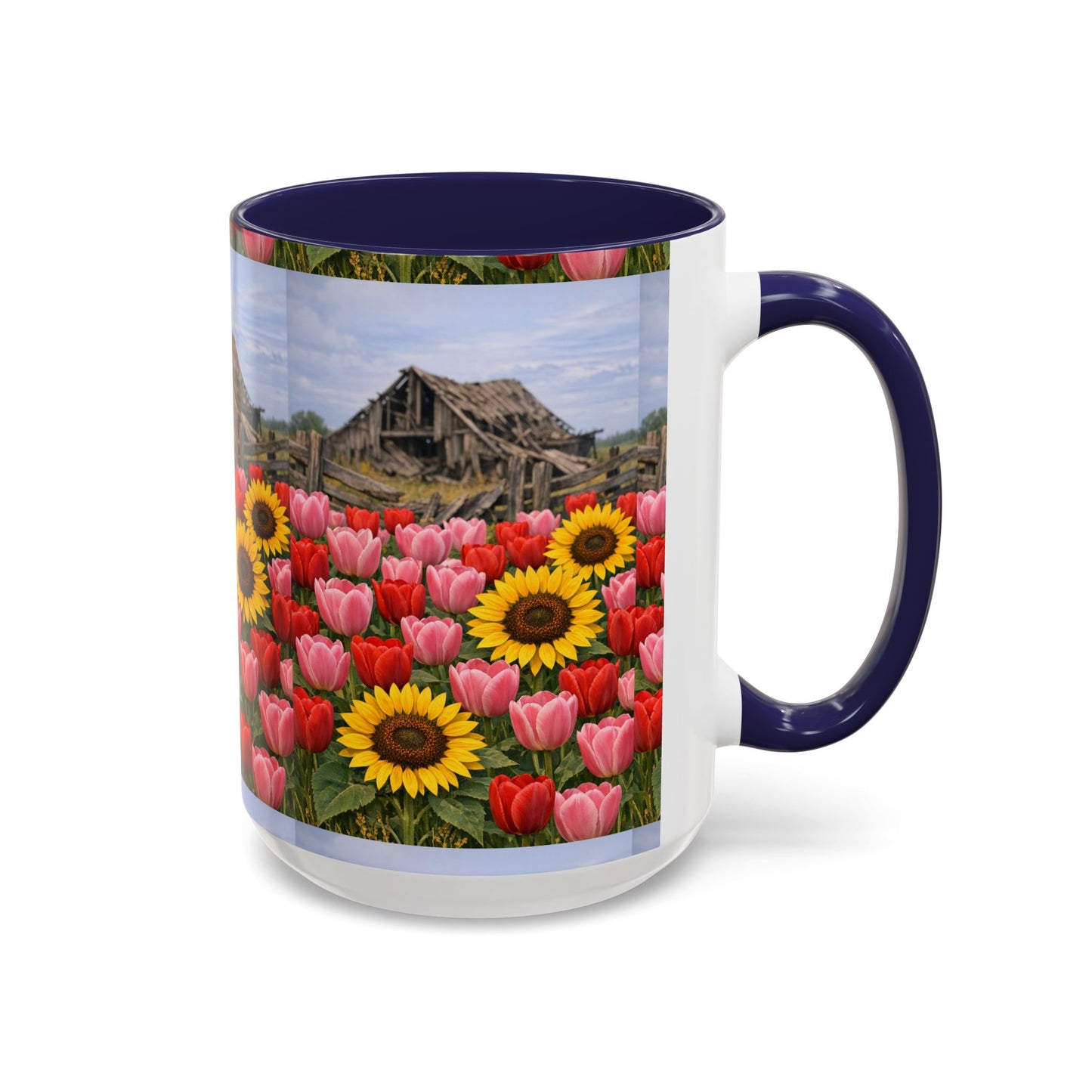 Sunflower & Tulip Farmhouse Coffee Mug – Rustic Barn Floral Accent Mug (11/15oz)