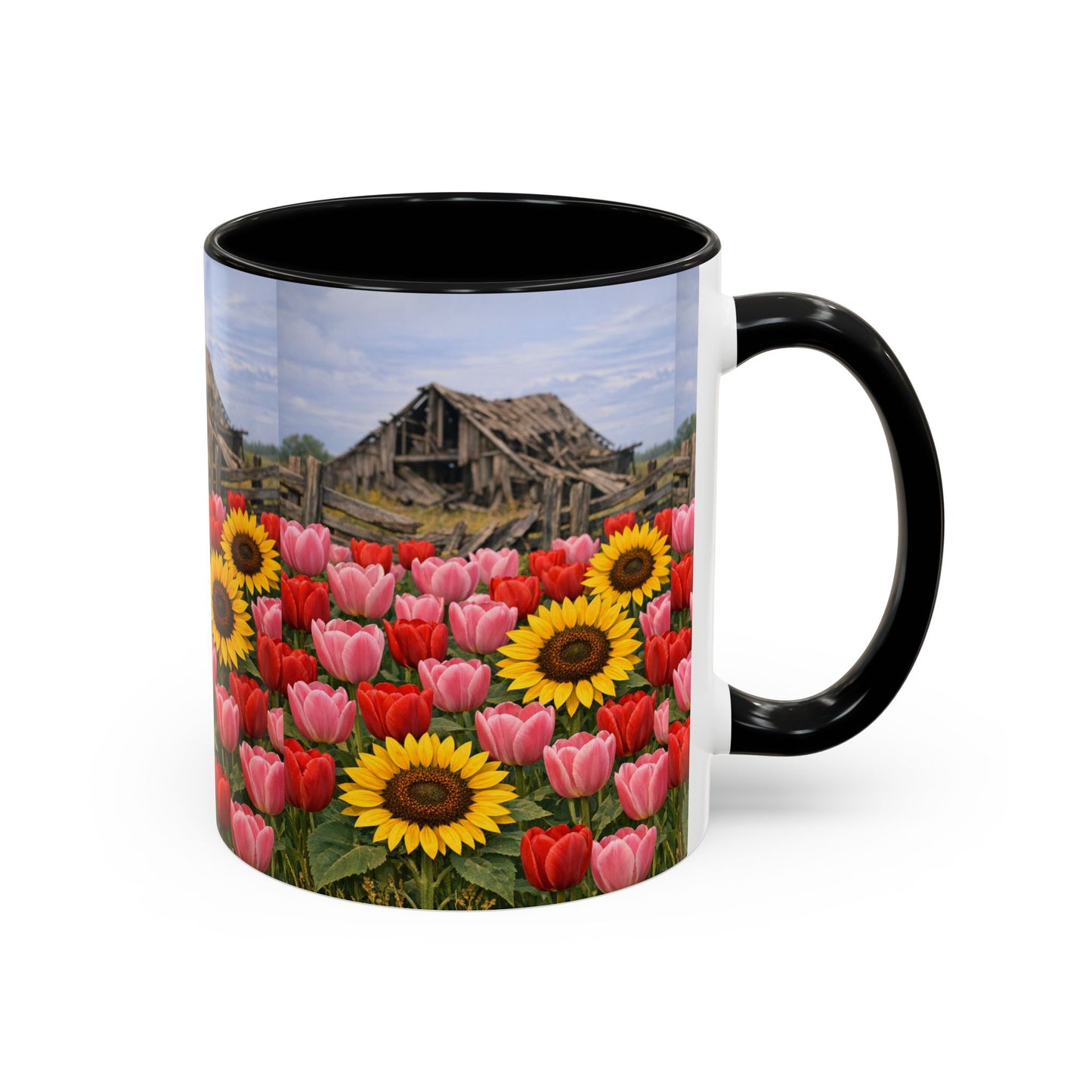 Sunflower & Tulip Farmhouse Coffee Mug – Rustic Barn Floral Accent Mug (11/15oz)