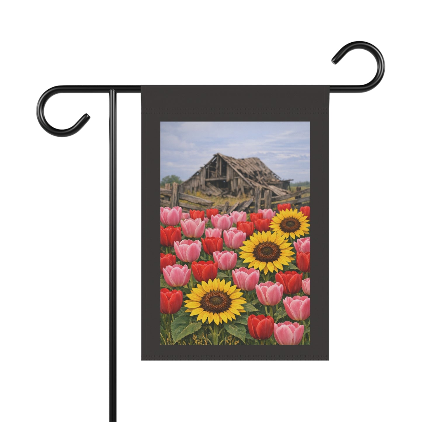 Sunflowers & Tulips Garden Flag — Rustic Barn Floral House Banner