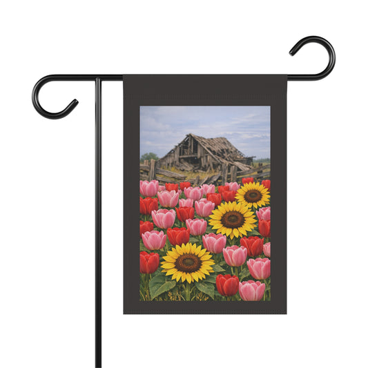 Sunflowers & Tulips Garden Flag — Rustic Barn Floral House Banner