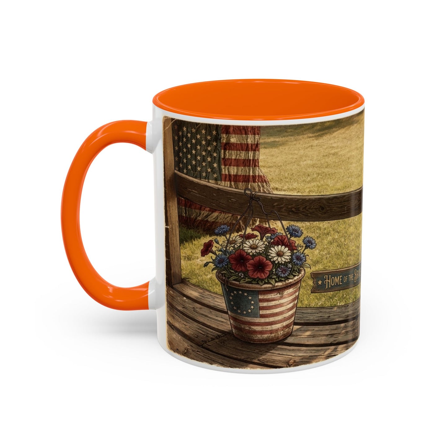 Coffee Mug — Rustic Porch Scene with 'Be Kind Be Brave Keep Growing' Inspirational Quote