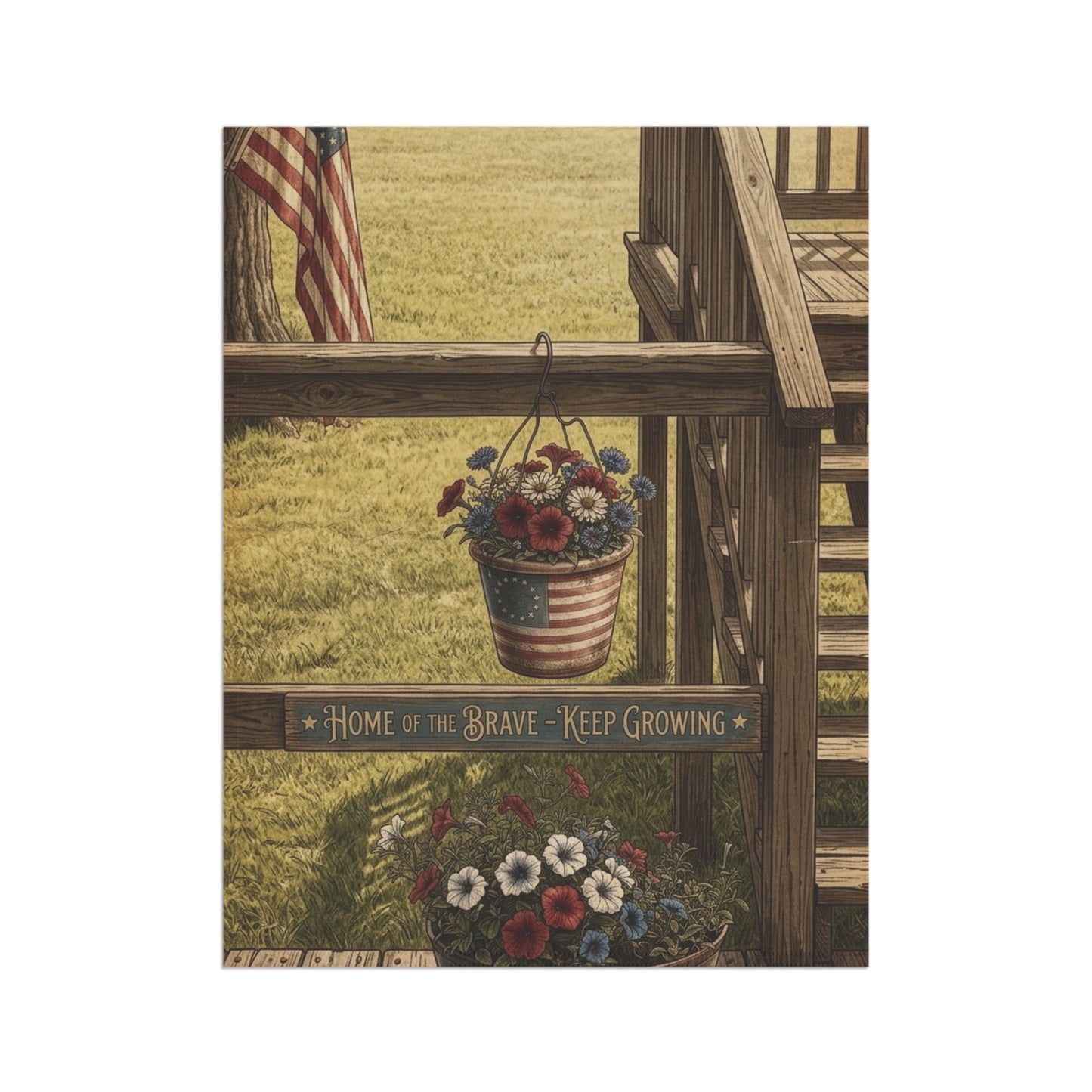 Patriotic Floral Garden Flag — "Home of the Brave, Keep Growing"