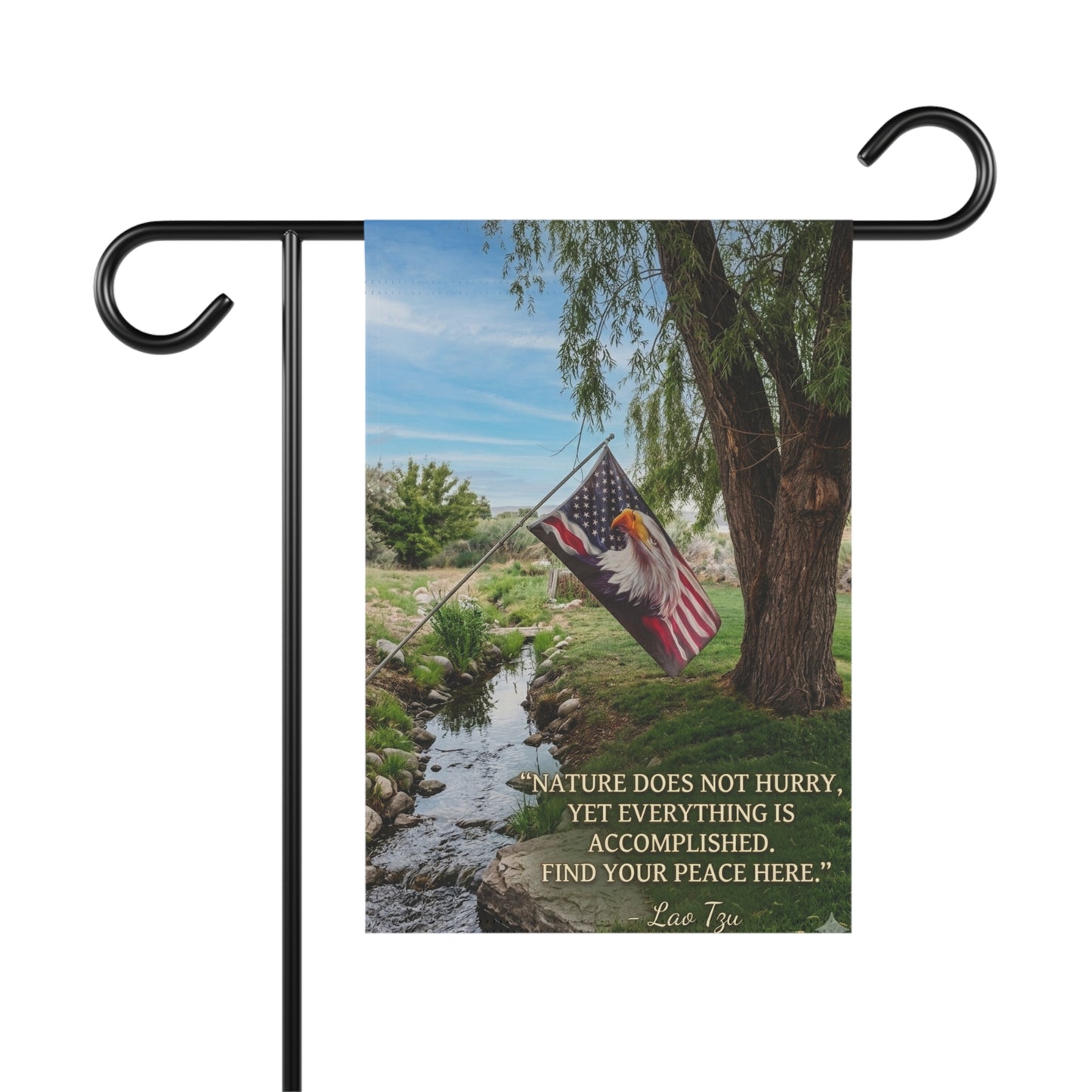 Garden Flag — Scenic Eagle & American Flag with 'Find Your Peace Here' Quote
