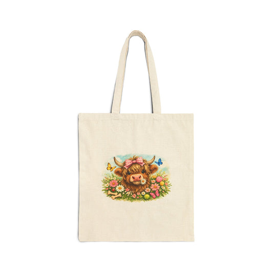Canvas Tote — Cute Highland Cow Floral Design (Eco-Friendly Market Bag)
