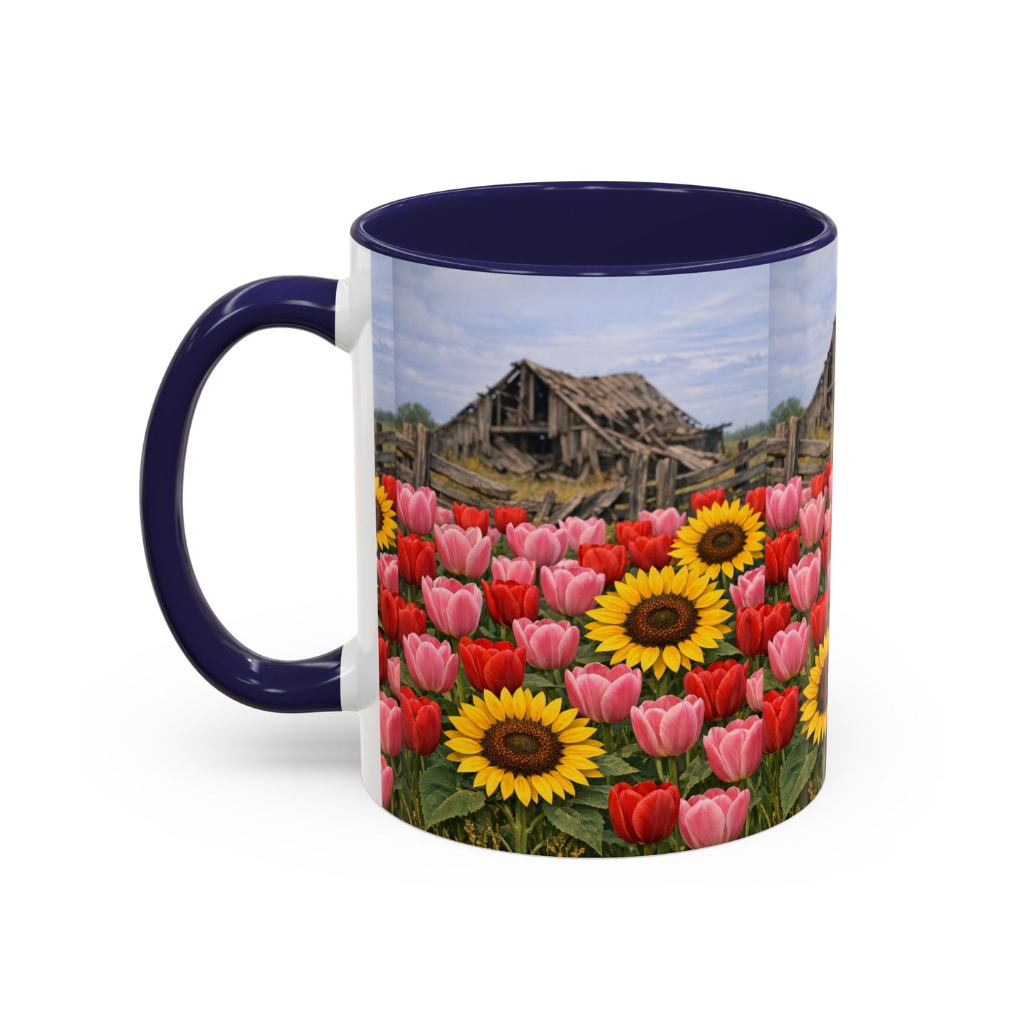 Sunflower & Tulip Farmhouse Coffee Mug – Rustic Barn Floral Accent Mug (11/15oz)