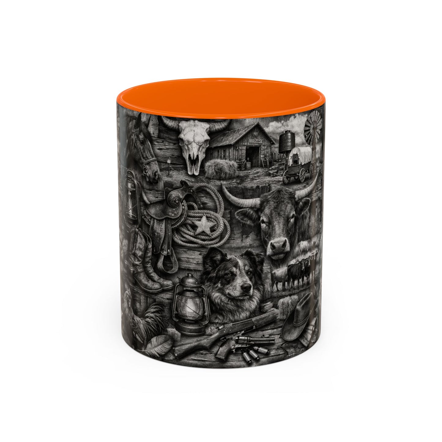 Western Farmhouse Accent Coffee Mug — Rustic Cowboy & Barnyard Collage (11/15oz)