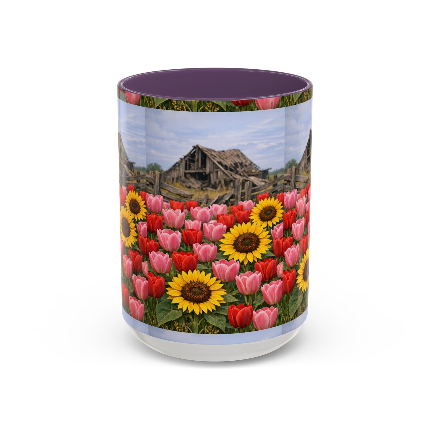 Sunflower & Tulip Farmhouse Coffee Mug – Rustic Barn Floral Accent Mug (11/15oz)