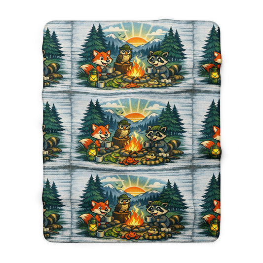 Camping Friends Sherpa Blanket – Fox, Raccoon & Bear Campfire Cozy Throw