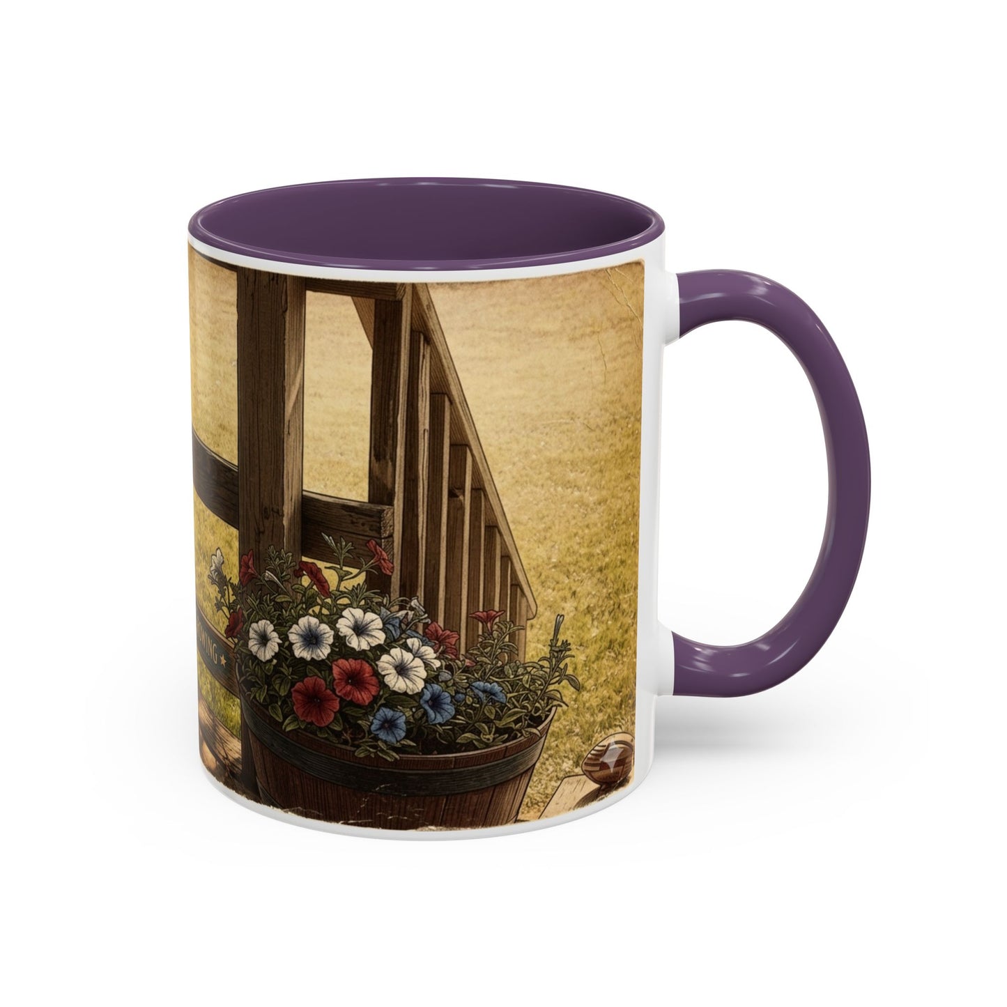 Coffee Mug — Rustic Porch Scene with 'Be Kind Be Brave Keep Growing' Inspirational Quote