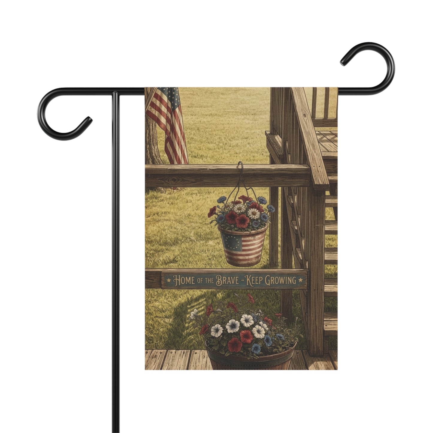 Patriotic Floral Garden Flag — "Home of the Brave, Keep Growing"