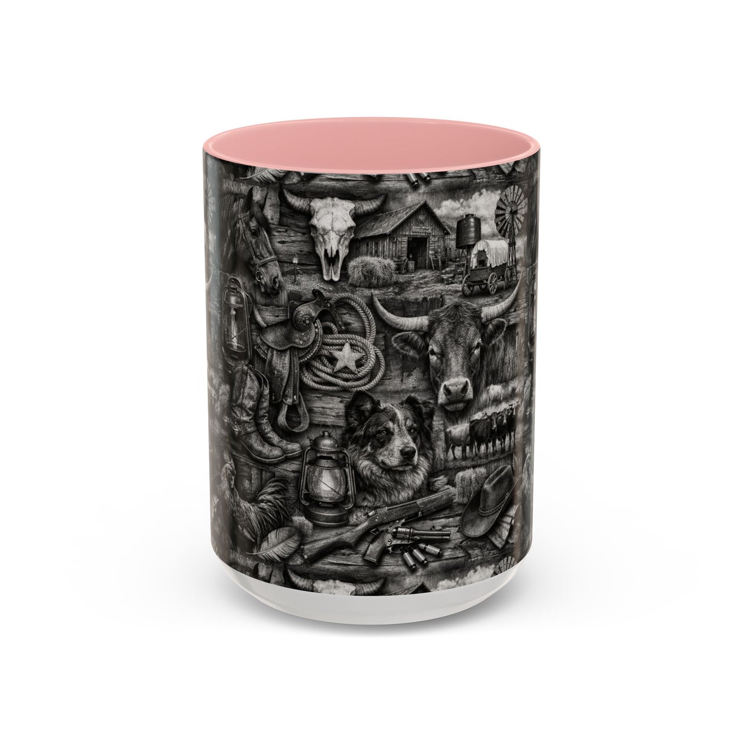 Western Farmhouse Accent Coffee Mug — Rustic Cowboy & Barnyard Collage (11/15oz)