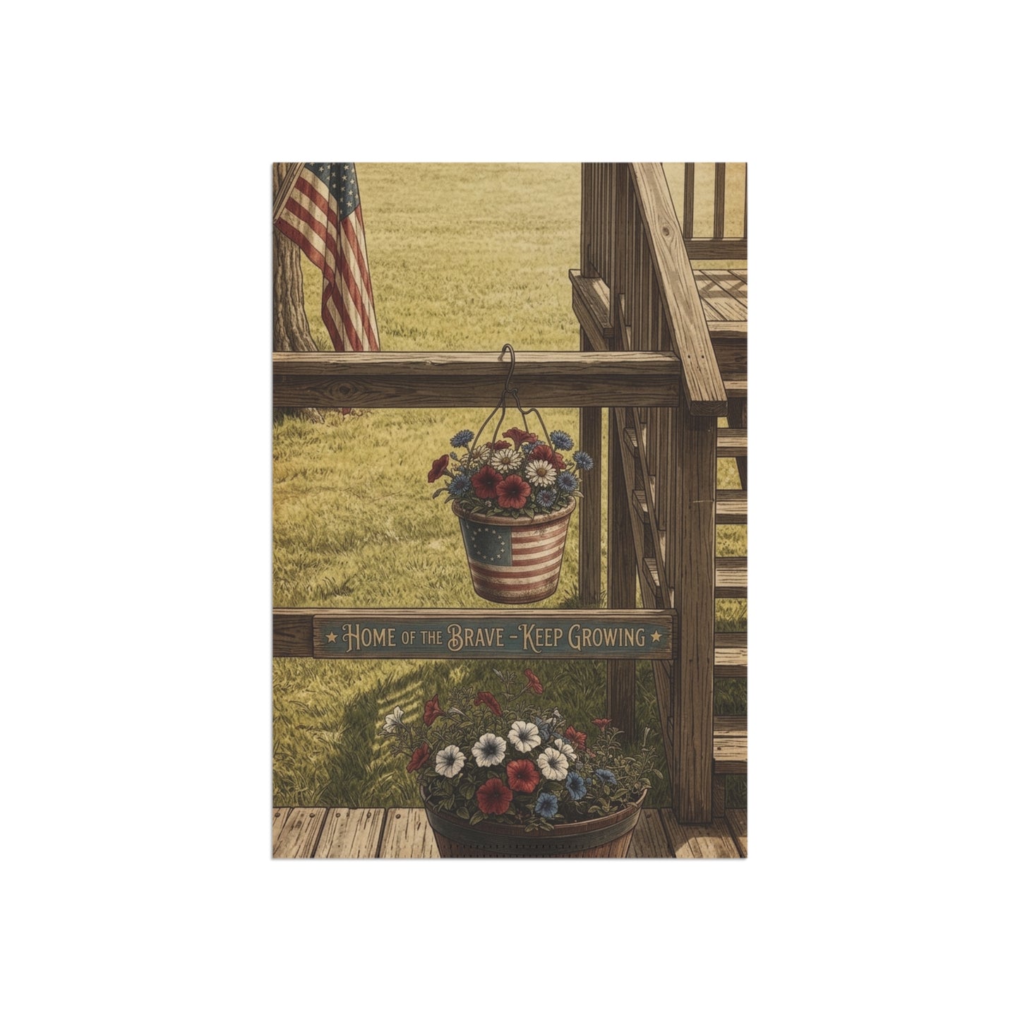 Patriotic Floral Garden Flag — "Home of the Brave, Keep Growing"