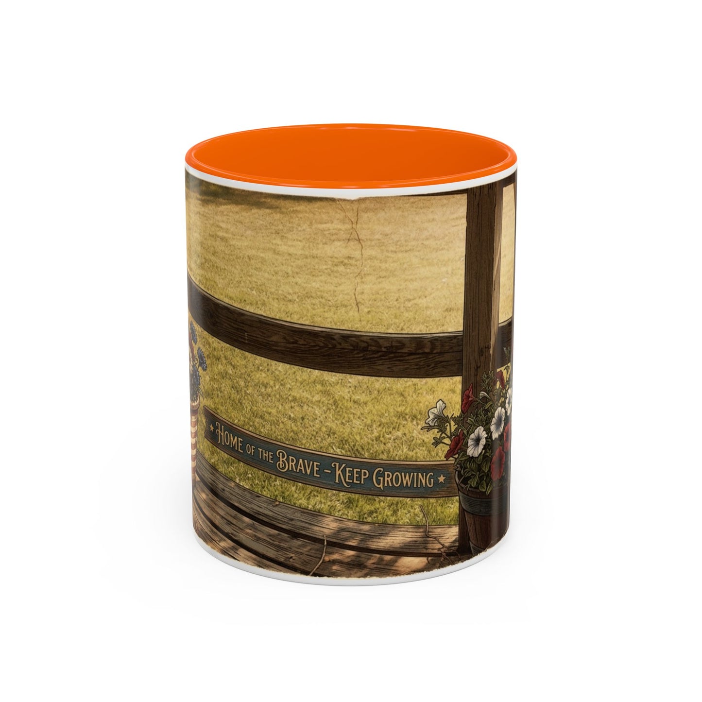 Coffee Mug — Rustic Porch Scene with 'Be Kind Be Brave Keep Growing' Inspirational Quote