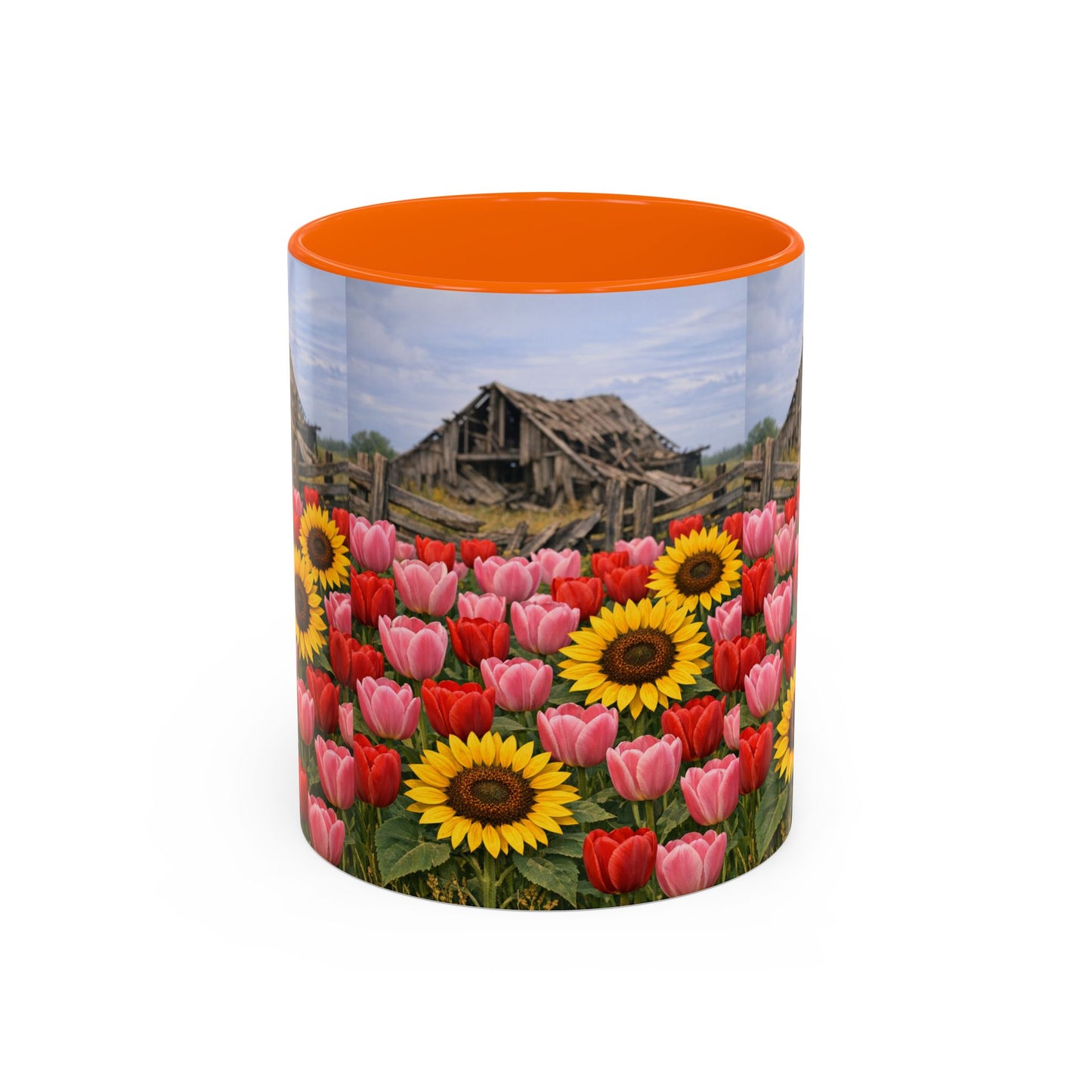 Sunflower & Tulip Farmhouse Coffee Mug – Rustic Barn Floral Accent Mug (11/15oz)
