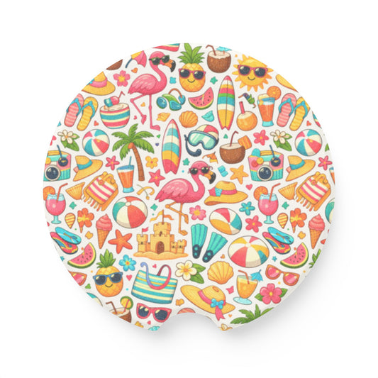 Beach Pattern Soapstone Car Coaster — Tropical Summer Icons (flamingo, surfboard, sandcastle)