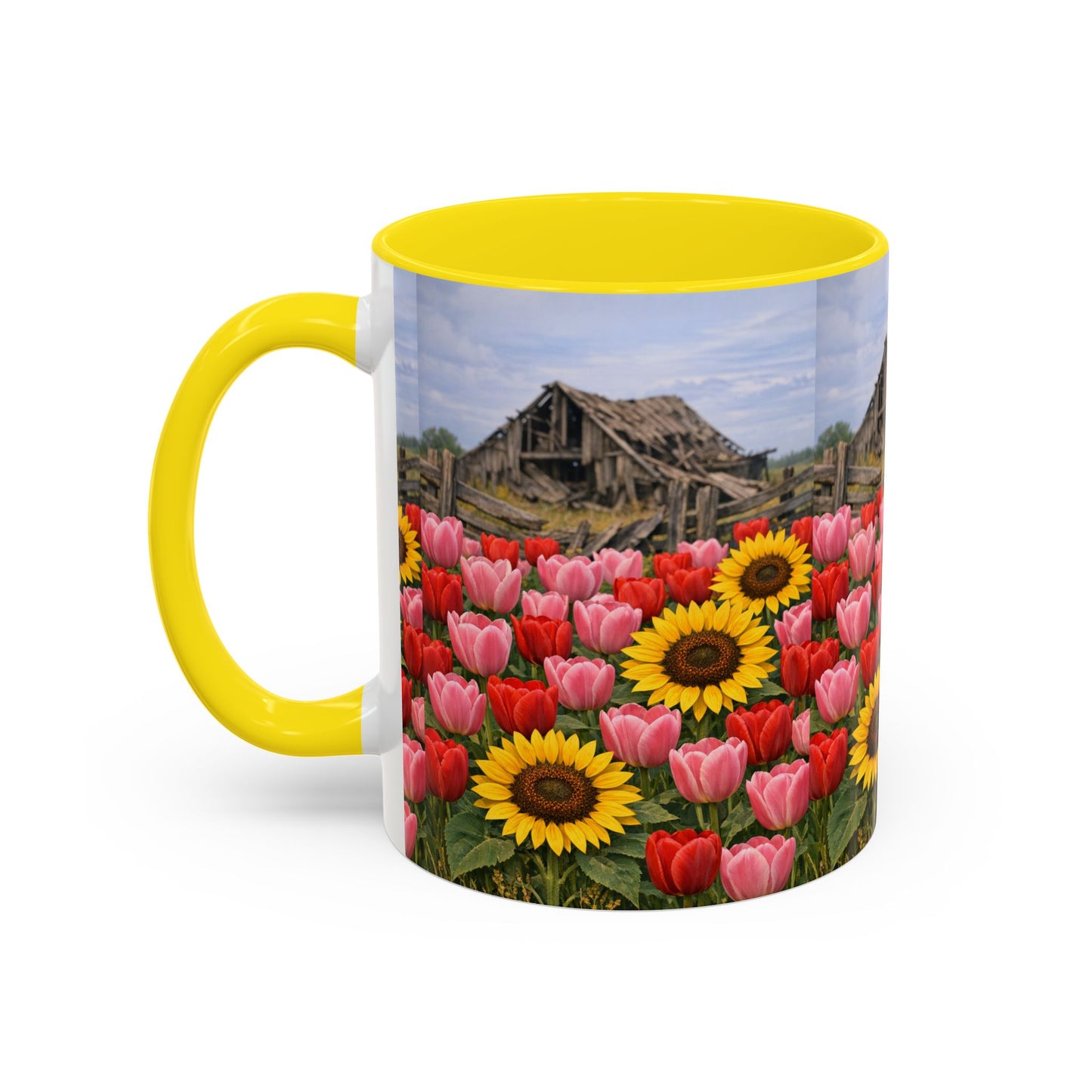 Sunflower & Tulip Farmhouse Coffee Mug – Rustic Barn Floral Accent Mug (11/15oz)