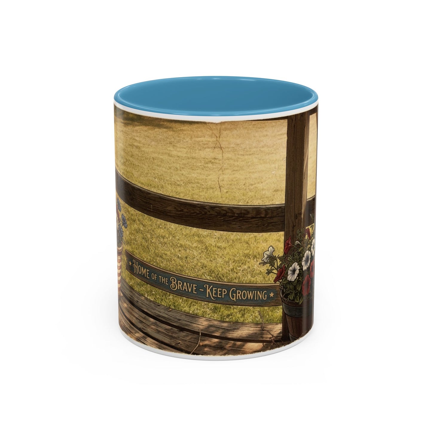 Coffee Mug — Rustic Porch Scene with 'Be Kind Be Brave Keep Growing' Inspirational Quote
